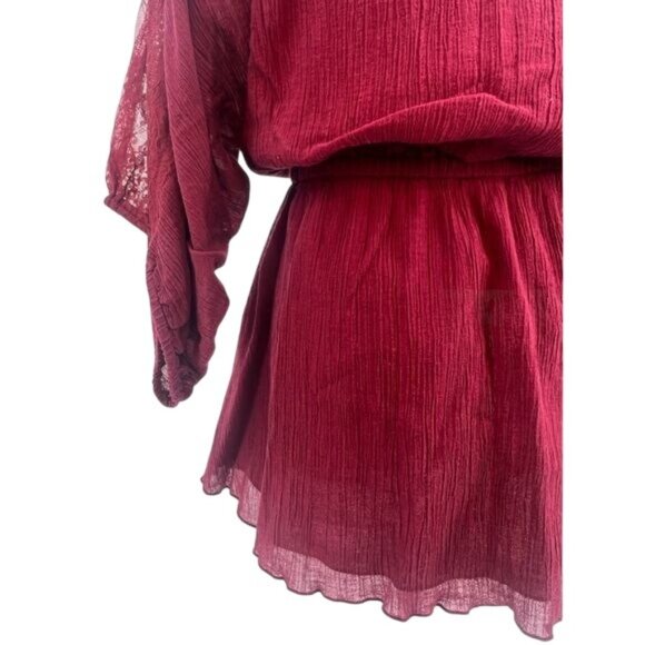 RARE Vintage Free People Burgundy Red Lace Trim Cinched Waist Boho Crepe Top - Picture 8 of 16